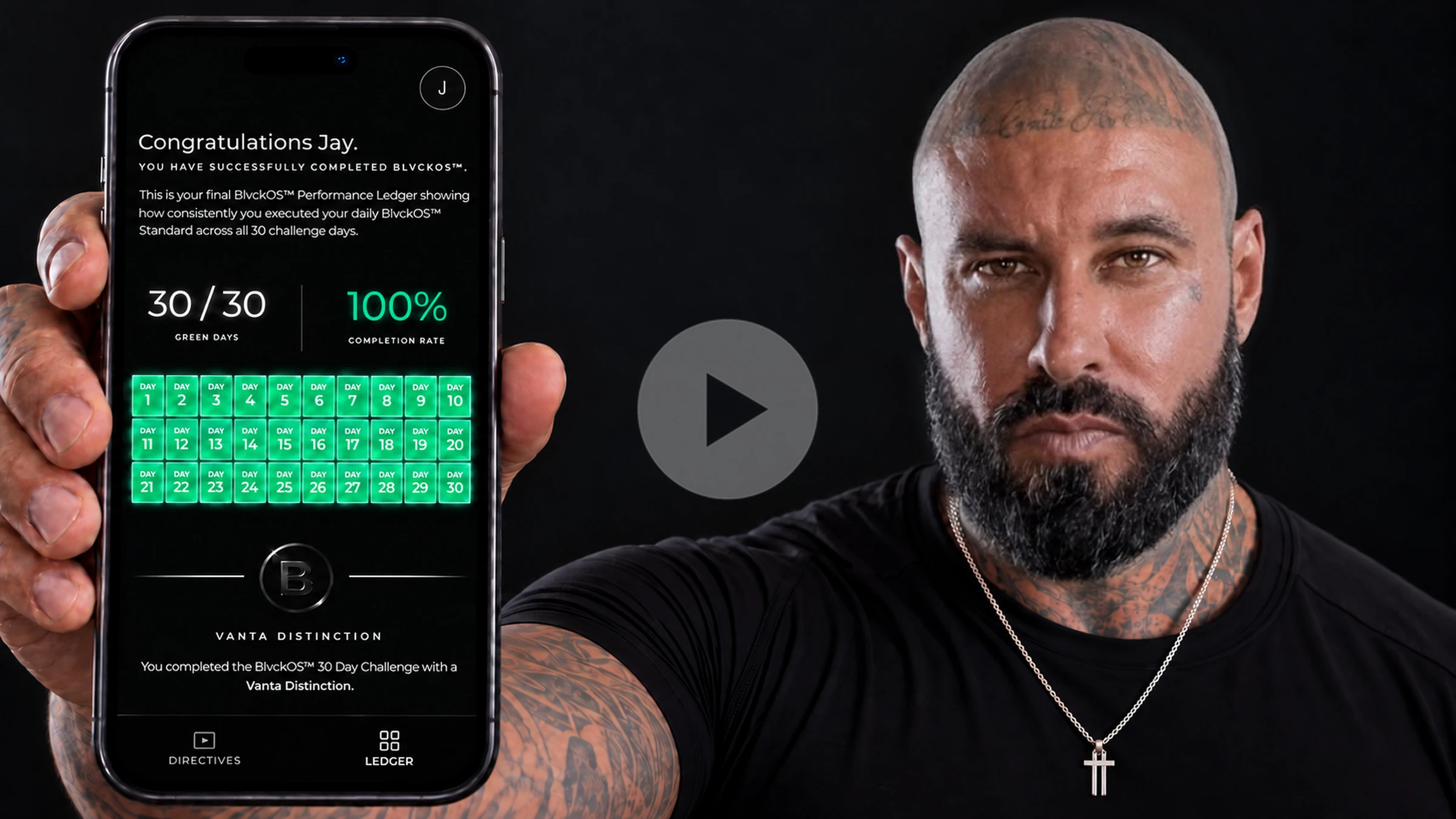 Jay holding a phone displaying a completed BLVCKOS 30-day ledger